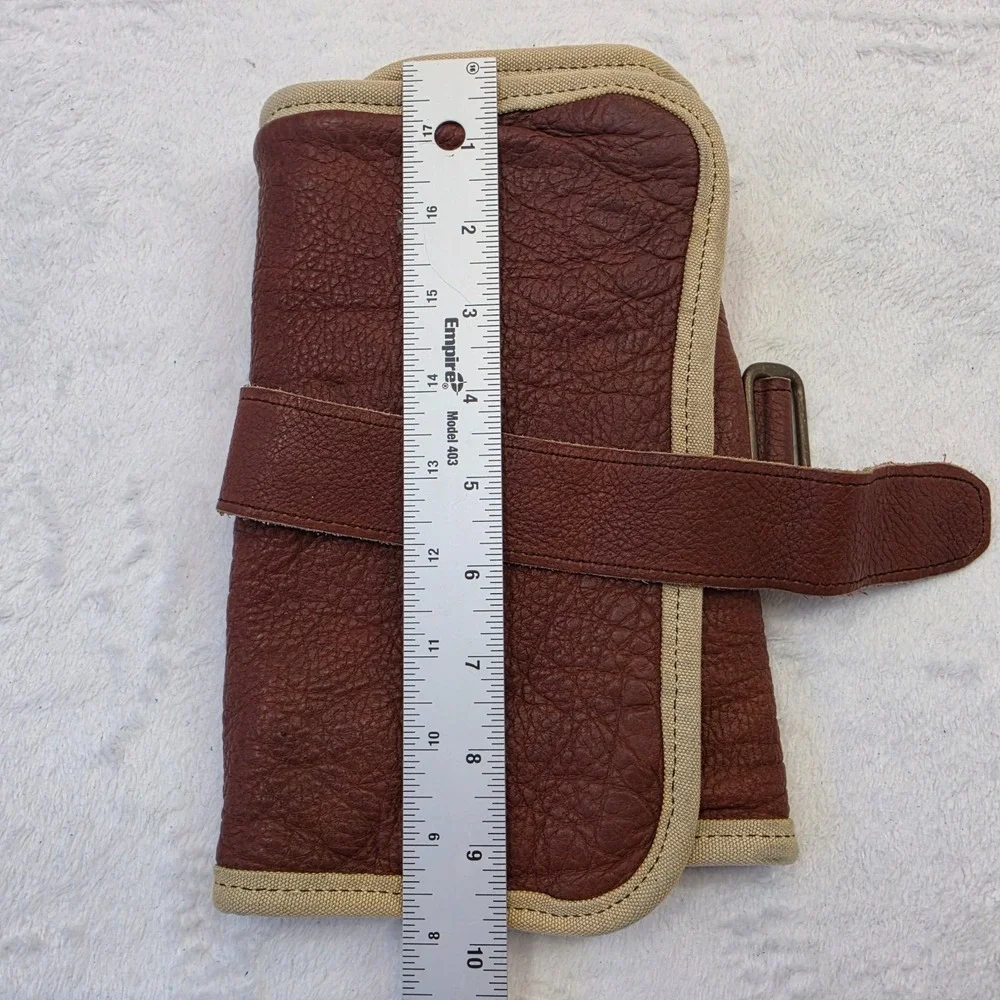 Vintage Leather Canvas Roll Up Organizer Case Brown Tan Crest Travel Storage